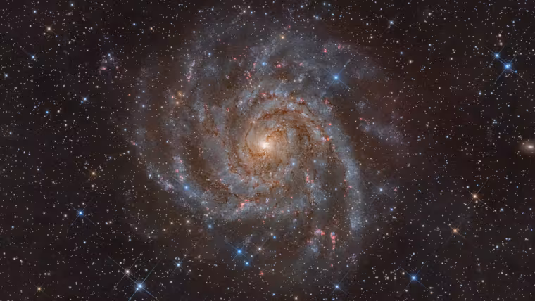 Skrytá galaxie IC 342 prosvítá prachem Žirafy