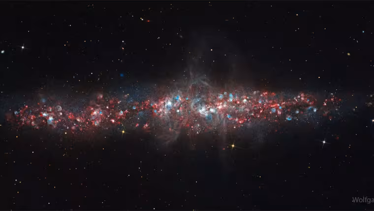 Galaxie NGC 55 je posetá mlhovinami a mladými hvězdami