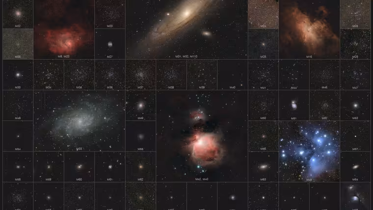 Messierův katalog ukázal 110 objektů ve stejném měřítku